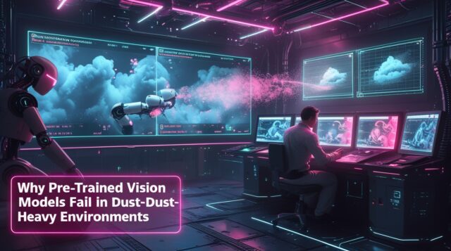Cyberpunk digital illustration titled “Why Pre-Trained Vision Models Fail in Dust-Heavy Environments” showing an engineer in a futuristic control room surrounded by holographic screens and glowing pink dust clouds, depicting AI vision systems struggling to detect objects in dusty industrial conditions.