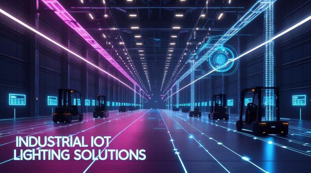 Dark cyberpunk digital illustration showcasing industrial IoT lighting solutions in a futuristic warehouse glowing with neon pink and blue lights, featuring AI-powered smart LEDs, energy data overlays, and predictive maintenance systems that highlight efficiency and automation.