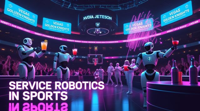 Cyberpunk digital illustration of service robotics in sports, featuring humanoid robots serving drinks and engaging fans in a neon-lit Las Vegas arena. The glowing pink and blue lights emphasize AI-powered automation and the futuristic fan experience in professional sports.