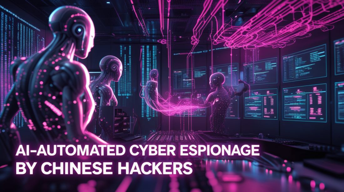 Dark cyberpunk illustration showing AI-automated cyber espionage by Chinese hackers, with neon pink and purple lights, AI agents attacking networked servers, and holographic data streams representing autonomous cyber attacks.