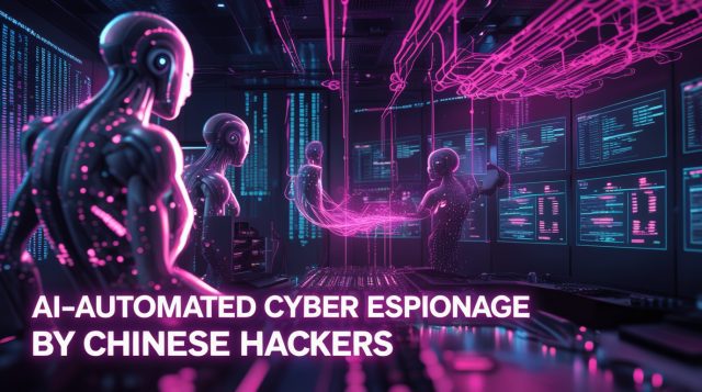 Dark cyberpunk illustration showing AI-automated cyber espionage by Chinese hackers, with neon pink and purple lights, AI agents attacking networked servers, and holographic data streams representing autonomous cyber attacks.