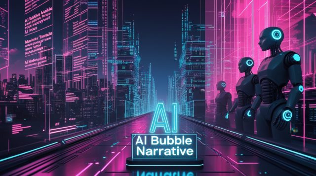 Cyberpunk digital illustration of an AI bubble narrative showing neon pink and blue city lights, flashing stock market headlines, and robotic factories symbolizing the contrast between AI hype and real enterprise automation progress.