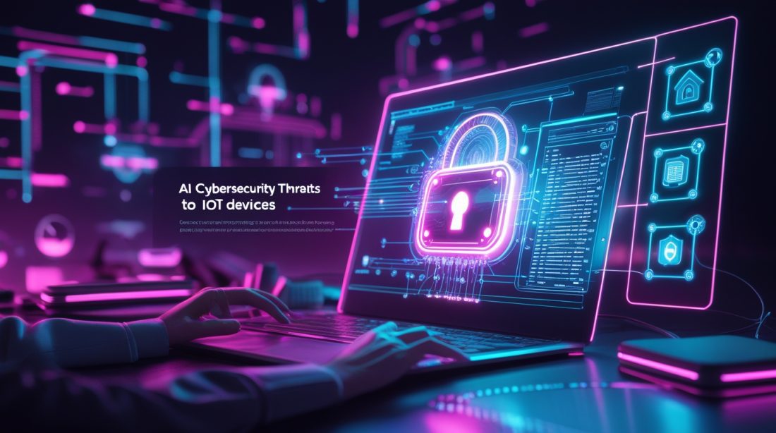 Cyberpunk-style illustration of AI scanning IoT devices for cybersecurity threats with the text “AI cybersecurity threats to IoT devices.”