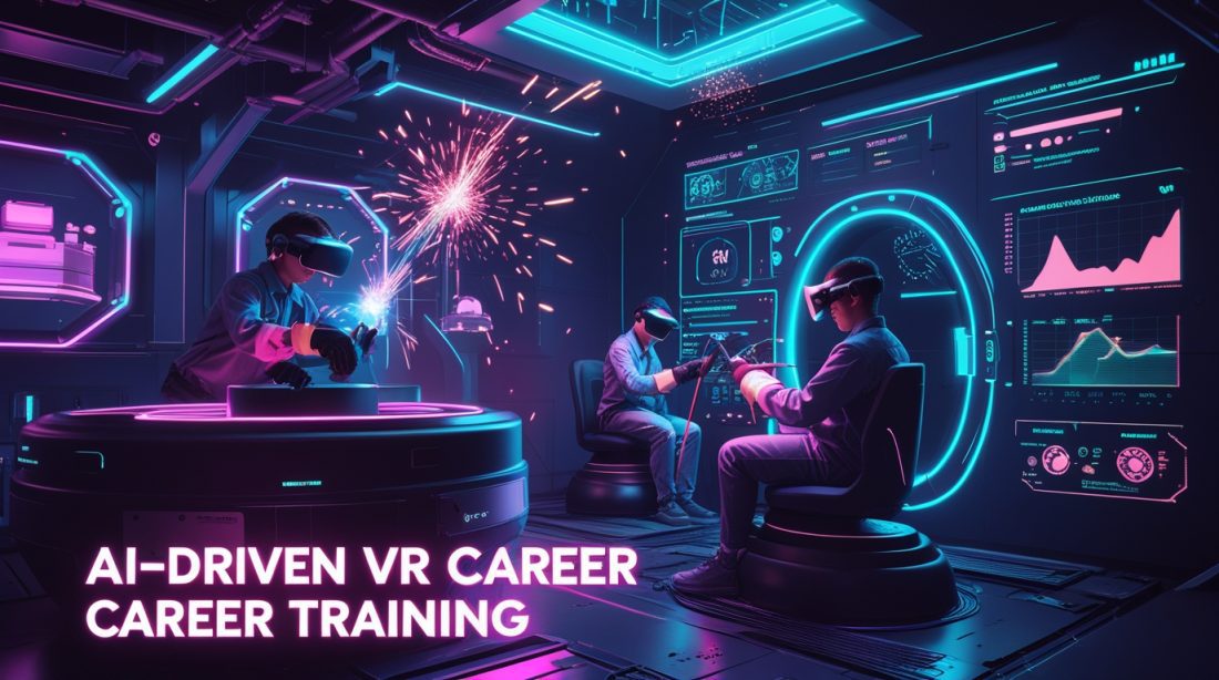 Cyberpunk digital illustration of AI-driven VR career training with neon pink and blue lights, showing students using VR headsets for welding and 3D printing simulations in a futuristic industrial classroom enhanced by AI analytics.