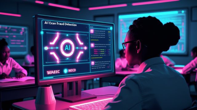 Cyberpunk-style scene of an AI detector analyzing a student’s exam answers with the text “AI exam fraud detection WAEC NECO.”