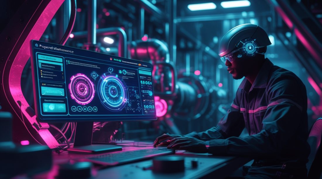Cyberpunk-style illustration of AI monitoring machines with neon pink holograms and the text “AI-powered predictive maintenance in Nigeria.”