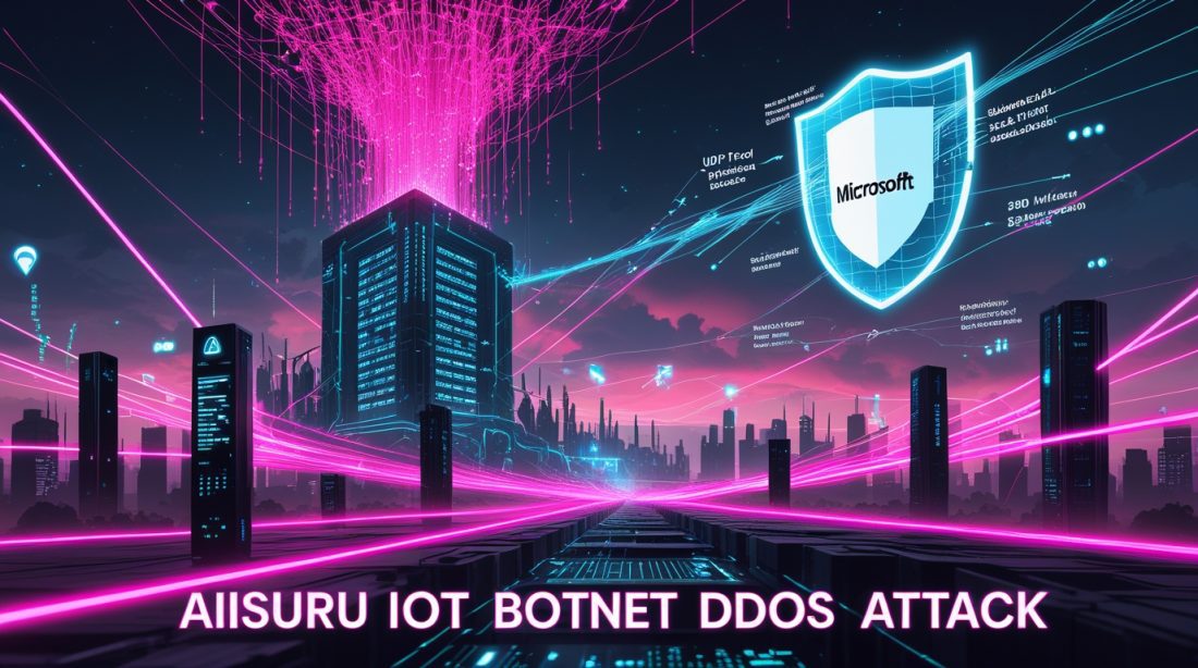 Cyberpunk digital illustration showing a neon-lit “Aisuru IoT Botnet DDoS Attack” scene with glowing pink and blue data floods targeting a central server, symbolizing the 15.72 Tbps cyberattack and widespread IoT device compromise.
