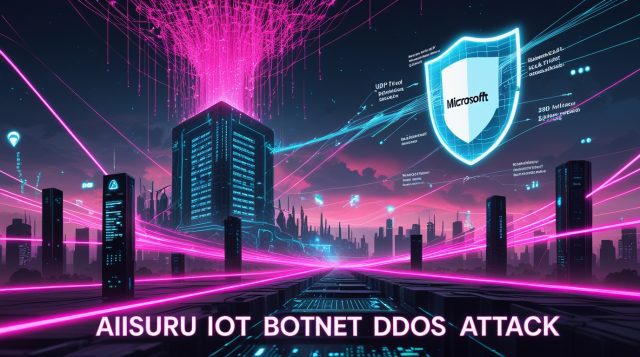 Cyberpunk digital illustration showing a neon-lit “Aisuru IoT Botnet DDoS Attack” scene with glowing pink and blue data floods targeting a central server, symbolizing the 15.72 Tbps cyberattack and widespread IoT device compromise.