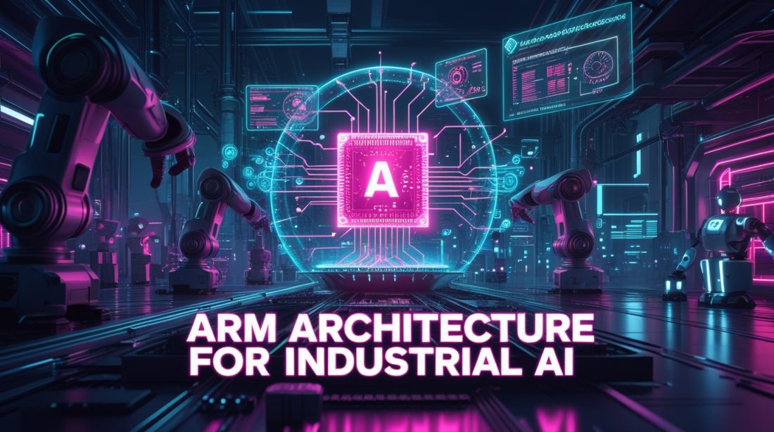 Cyberpunk digital illustration in neon pink and blue tones showing Arm architecture for industrial AI, with glowing processors, robotic arms, and holographic chip blueprints symbolizing efficient AI-powered industrial automation.