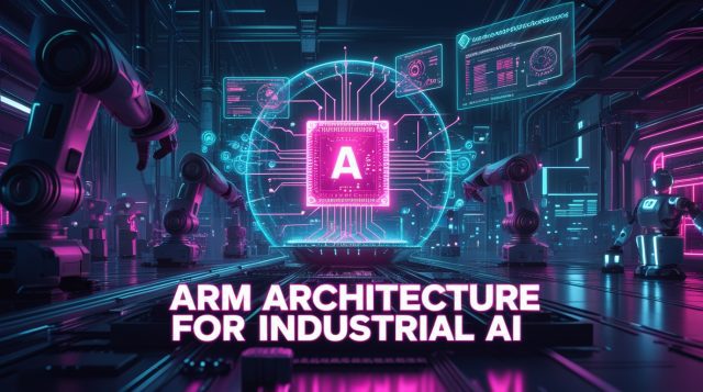Cyberpunk digital illustration in neon pink and blue tones showing Arm architecture for industrial AI, with glowing processors, robotic arms, and holographic chip blueprints symbolizing efficient AI-powered industrial automation.