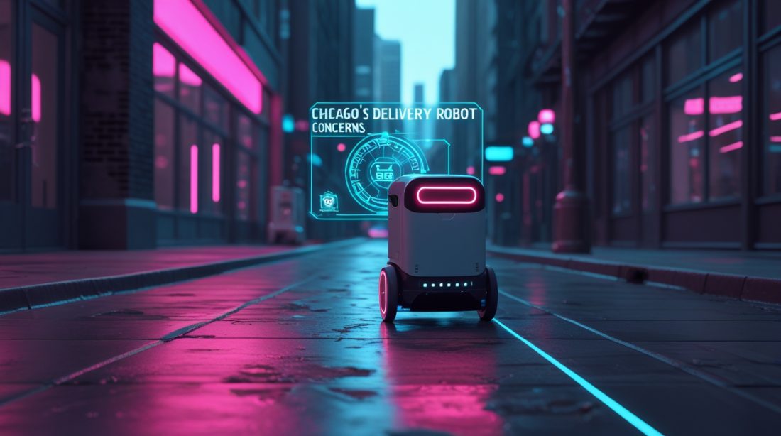 Cyberpunk-style illustration of a delivery robot on a Chicago sidewalk with neon safety alerts and the text “Chicago's Delivery Robot Safety Concerns.”