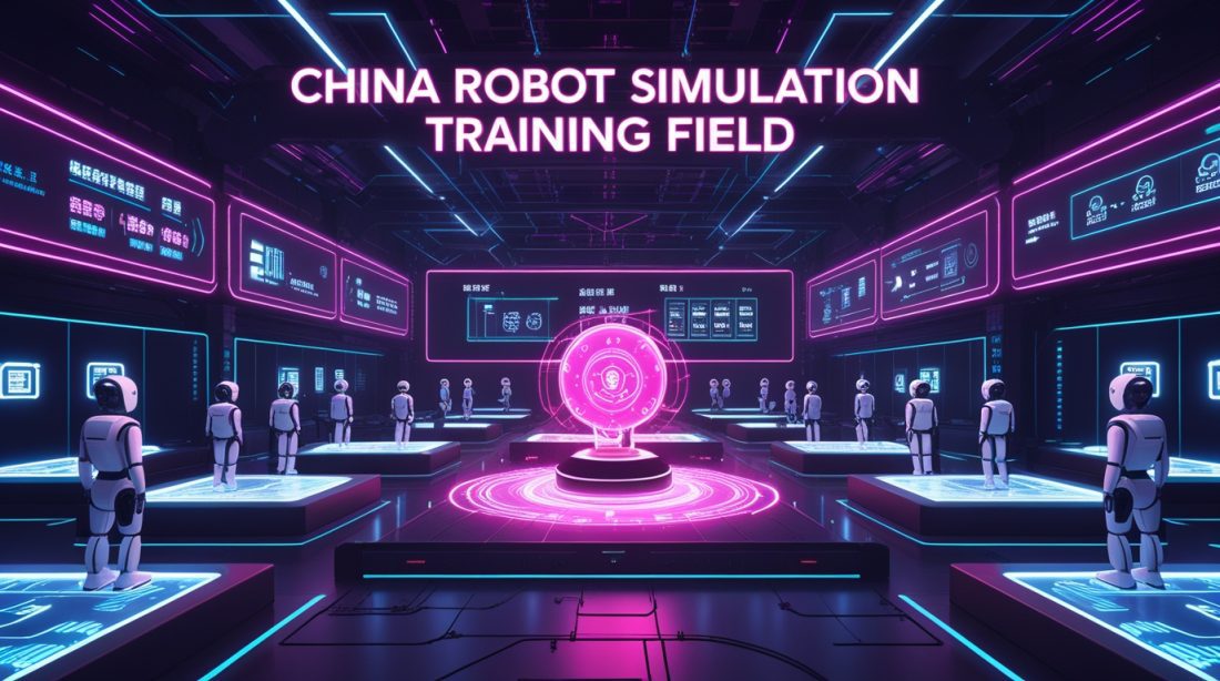Cyberpunk-style illustration of the China robot simulation training field glowing with neon pink and blue lights, showing humanoid robots training through the MotrixSim platform inside a futuristic Wuhan AI employee facility.