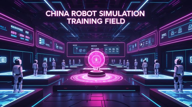 Cyberpunk-style illustration of the China robot simulation training field glowing with neon pink and blue lights, showing humanoid robots training through the MotrixSim platform inside a futuristic Wuhan AI employee facility.