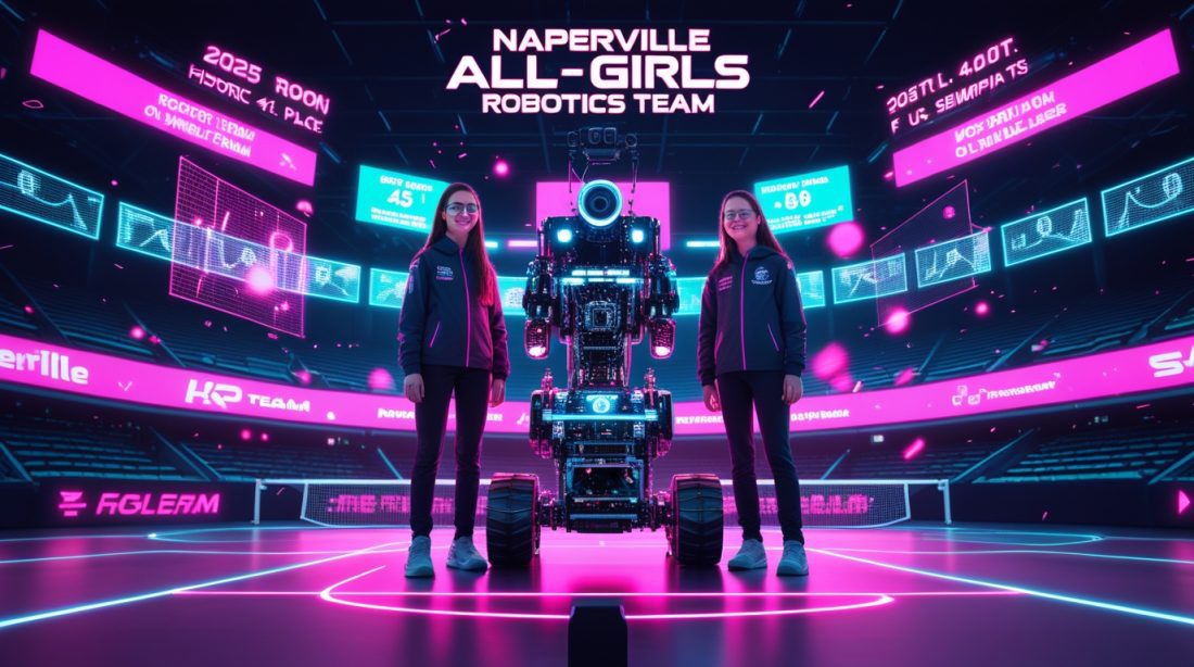 Cyberpunk-style digital illustration of the Naperville all-girls robotics team with neon pink and blue lighting, showing three girls standing with their competition robot in a futuristic arena, with glowing text “Naperville All-Girls Robotics Team,” symbolizing STEM innovation and youth robotics achievement.