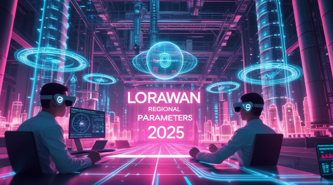 Cyberpunk digital illustration showcasing LoRaWAN regional parameters 2025 in a futuristic industrial data hub, featuring engineers analyzing holographic frequency maps, satellite networks, and AI-driven IoT systems under neon pink and blue lighting.