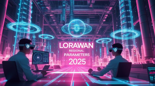 Cyberpunk digital illustration showcasing LoRaWAN regional parameters 2025 in a futuristic industrial data hub, featuring engineers analyzing holographic frequency maps, satellite networks, and AI-driven IoT systems under neon pink and blue lighting.