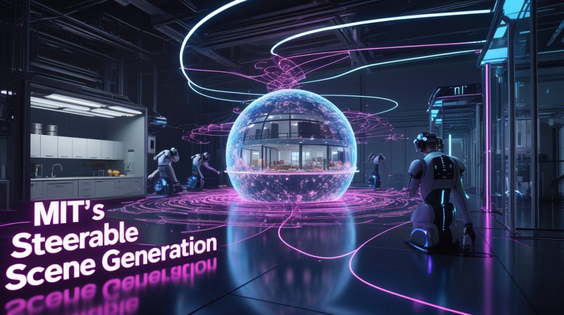 Cyberpunk digital artwork of MIT’s steerable scene generation system, showing neon pink and blue holographic 3D environments forming inside a futuristic lab, symbolizing AI-guided scene creation for robot training using diffusion models and Monte Carlo Tree Search.