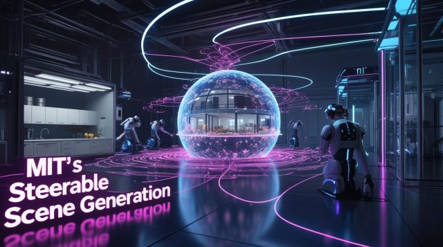 Cyberpunk digital artwork of MIT’s steerable scene generation system, showing neon pink and blue holographic 3D environments forming inside a futuristic lab, symbolizing AI-guided scene creation for robot training using diffusion models and Monte Carlo Tree Search.