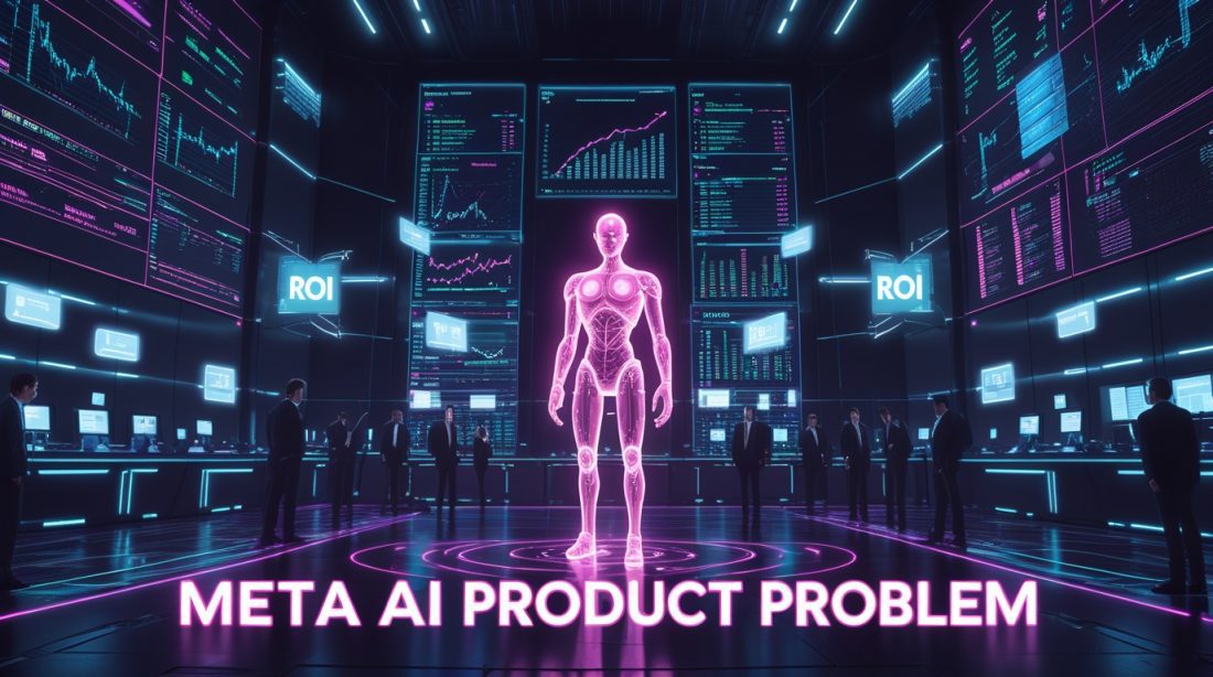 Cyberpunk-style digital illustration visualizing the Meta AI product problem, featuring neon pink and blue lighting, holographic financial data, and an unfinished humanoid AI model representing Meta’s massive AI spending and lack of tangible product value.