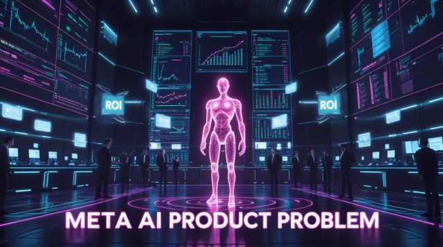 Cyberpunk-style digital illustration visualizing the Meta AI product problem, featuring neon pink and blue lighting, holographic financial data, and an unfinished humanoid AI model representing Meta’s massive AI spending and lack of tangible product value.