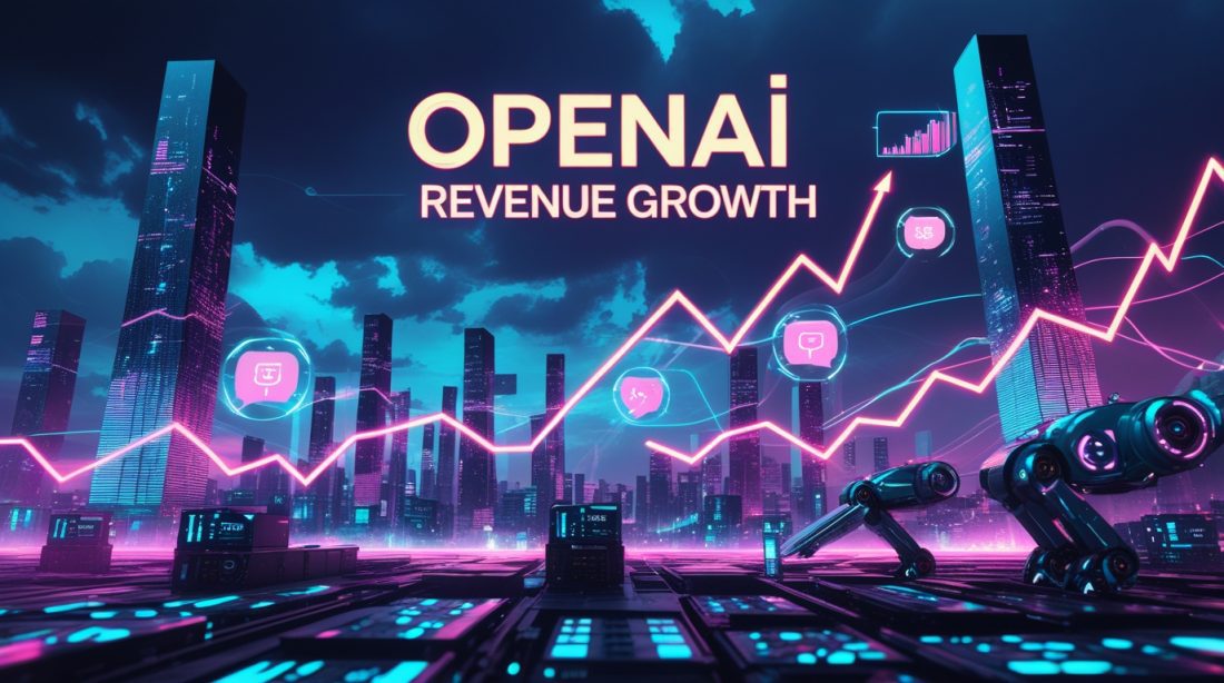 Futuristic cyberpunk digital illustration showing OpenAI revenue growth with neon pink and blue holographic charts rising over a glowing AI data city, symbolizing OpenAI’s $20B annualized revenue surge and rapid AI industry expansion.