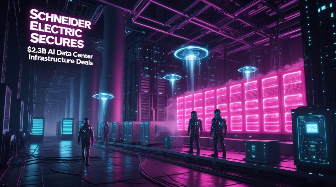 Cyberpunk digital artwork of a futuristic AI data center glowing with neon pink and blue lights, featuring Schneider Electric cooling systems, power modules, and UPS units under the headline “Schneider Electric Secures $2.3B AI Data Center Infrastructure Deals,” highlighting advanced infrastructure for AI workloads.