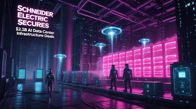 Cyberpunk digital artwork of a futuristic AI data center glowing with neon pink and blue lights, featuring Schneider Electric cooling systems, power modules, and UPS units under the headline “Schneider Electric Secures $2.3B AI Data Center Infrastructure Deals,” highlighting advanced infrastructure for AI workloads.