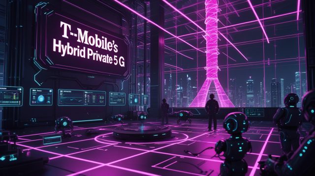 Cyberpunk-style digital illustration of T-Mobile’s Hybrid Private 5G network, showing neon pink and purple lights, engineers managing holographic dashboards, and a futuristic data hub symbolizing real-time AI connectivity and industrial automation.