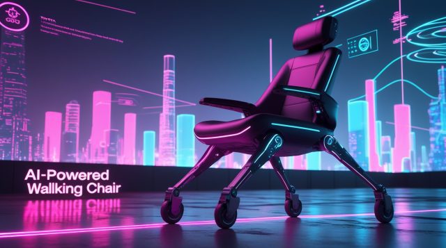 Cyberpunk-style digital illustration of Toyota’s AI-powered walking chair glowing in neon pink and blue, showing a four-legged robotic mobility device navigating futuristic terrain with holographic LiDAR and AI overlays.