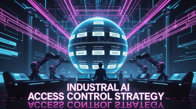 Futuristic cyberpunk digital illustration of the industrial AI access control strategy, showing glowing pink and blue holograms, tiered access dashboards, and robotic operators managing AI networks and data firewalls, symbolizing secure industrial automation and partnership tiers.