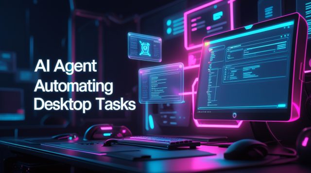 Cyberpunk-style illustration of an AI agent automating desktop tasks with neon pink holograms and the text “AI agent automating desktop tasks.”