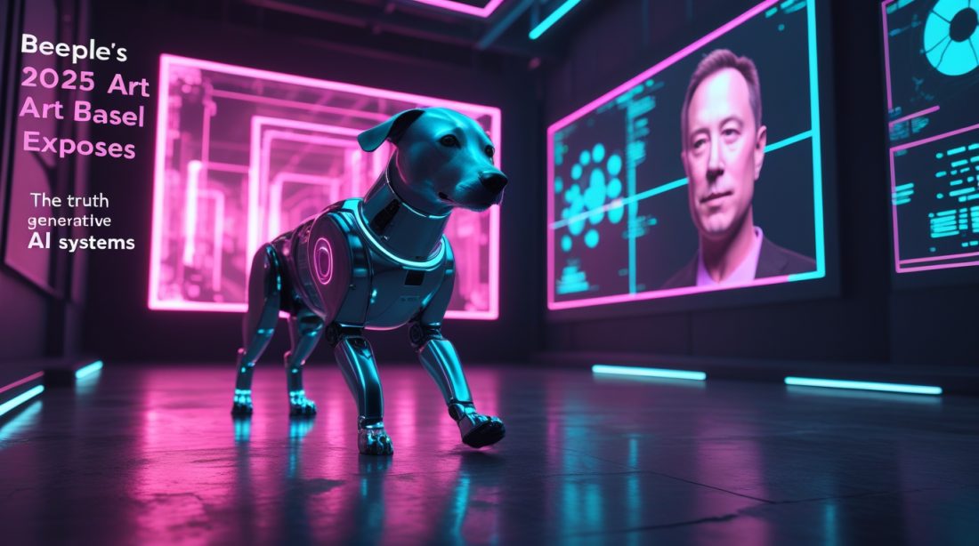 Cyberpunk neon-pink illustration of a robotic dog with a holographic Elon Musk head in a futuristic gallery with the text “Beeple's 2025 Art Basel Stunt Exposes the Truth About Generative AI Systems.”