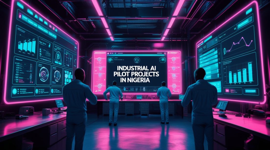 Cyberpunk-style illustration of industrial AI pilot projects in Nigeria, with neon dashboards analyzing factory data and the text “Industrial AI Pilot Projects in Nigeria.”