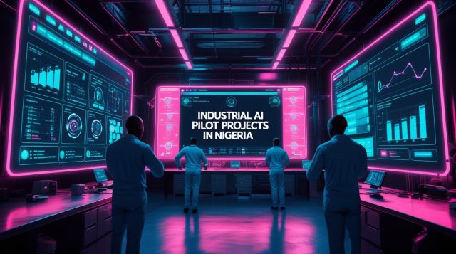 Cyberpunk-style illustration of industrial AI pilot projects in Nigeria, with neon dashboards analyzing factory data and the text “Industrial AI Pilot Projects in Nigeria.”