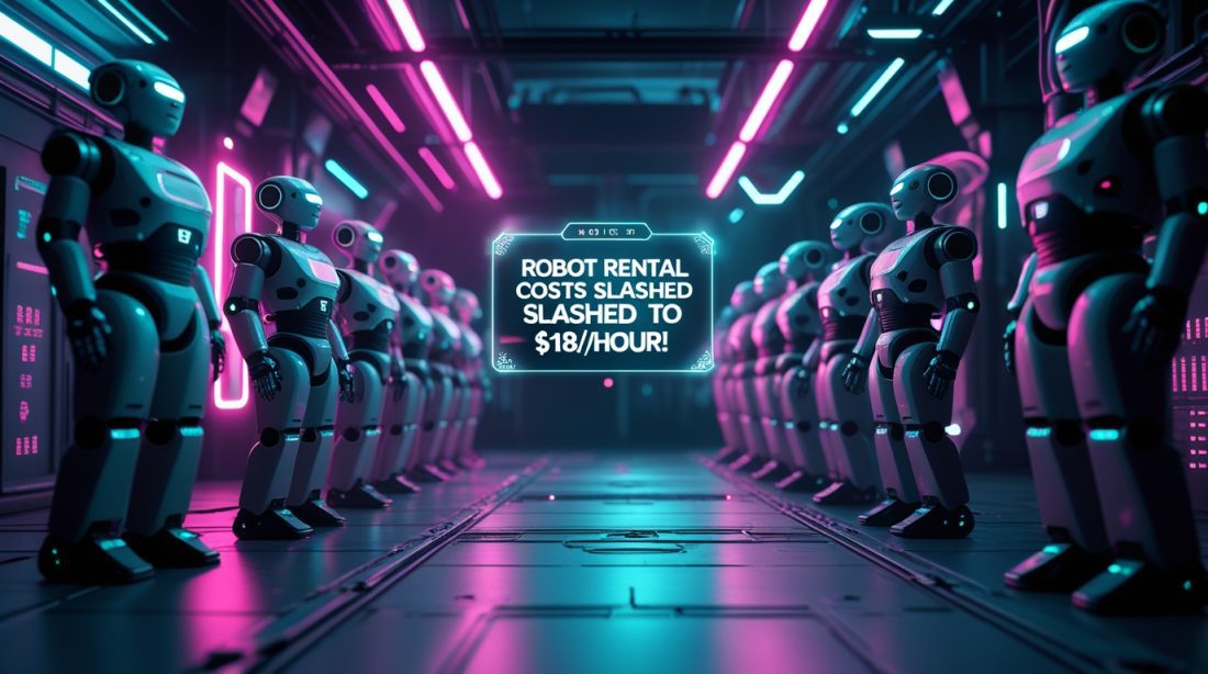 Cyberpunk illustration with neon pink lighting showing humanoid robots in a rental hub and the text “Industrial Robot Rental Costs SLASHED to $18/Hour!”