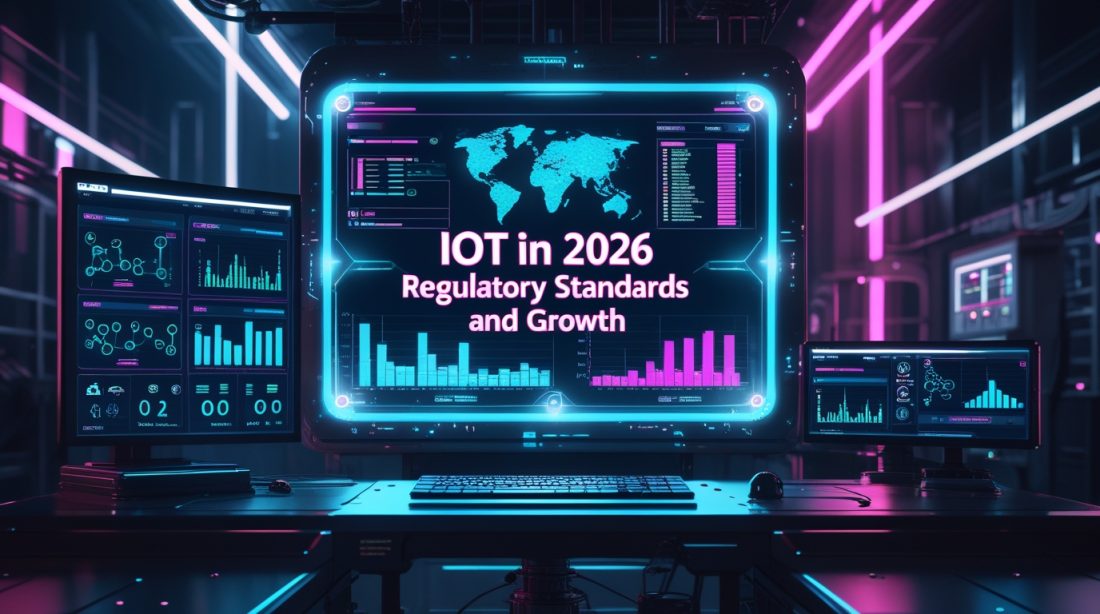 Cyberpunk illustration showing IoT analytics dashboards and connected devices with the text “IoT in 2026 regulatory standards and growth,” representing future IoT regulation and market expansion.