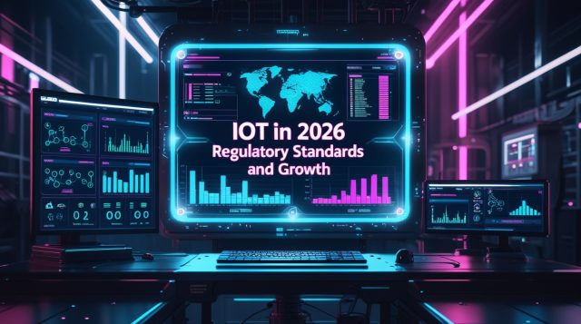 Cyberpunk illustration showing IoT analytics dashboards and connected devices with the text “IoT in 2026 regulatory standards and growth,” representing future IoT regulation and market expansion.