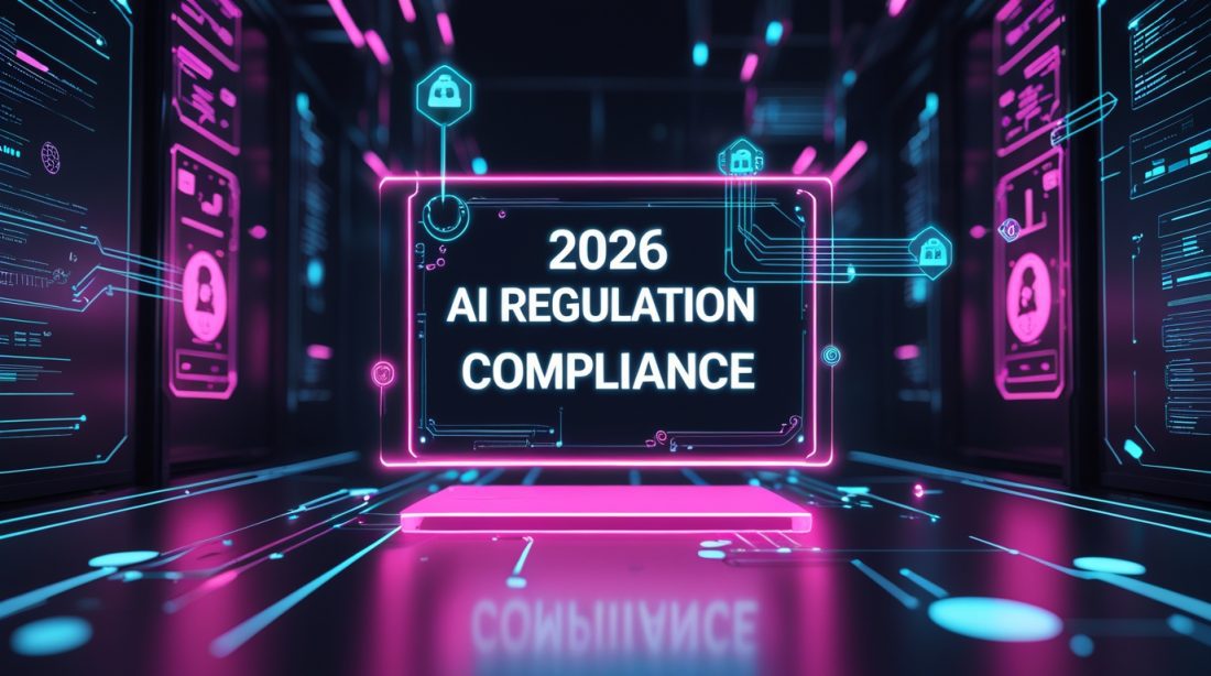 2026 AI regulation compliance illustrated through a dark cyberpunk AI system interface with neon pink and blue holographic data overlays, symbolizing regulatory oversight, governance, and secure artificial intelligence operations.