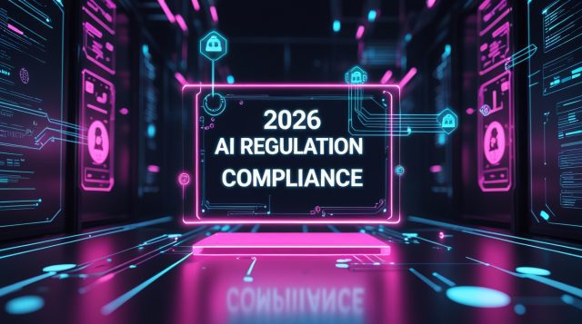 2026 AI regulation compliance illustrated through a dark cyberpunk AI system interface with neon pink and blue holographic data overlays, symbolizing regulatory oversight, governance, and secure artificial intelligence operations.
