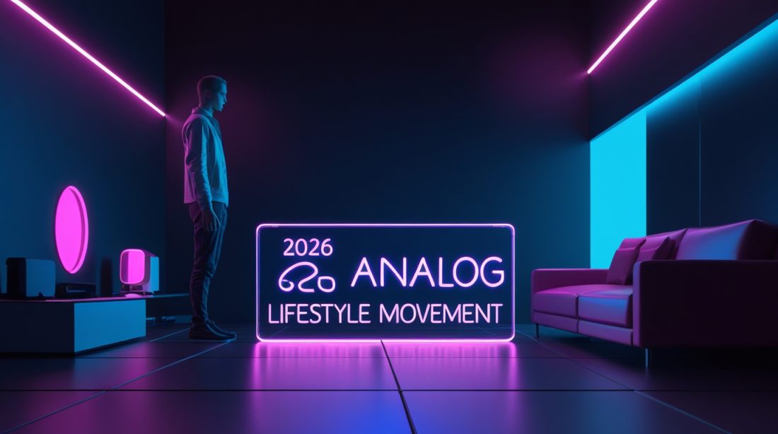 “Dark cyberpunk-style digital artwork featuring glowing neon text ‘2026 Analog Lifestyle Movement’, representing the rise of analog lifestyle trends in 2026 against a futuristic digital backdrop.”