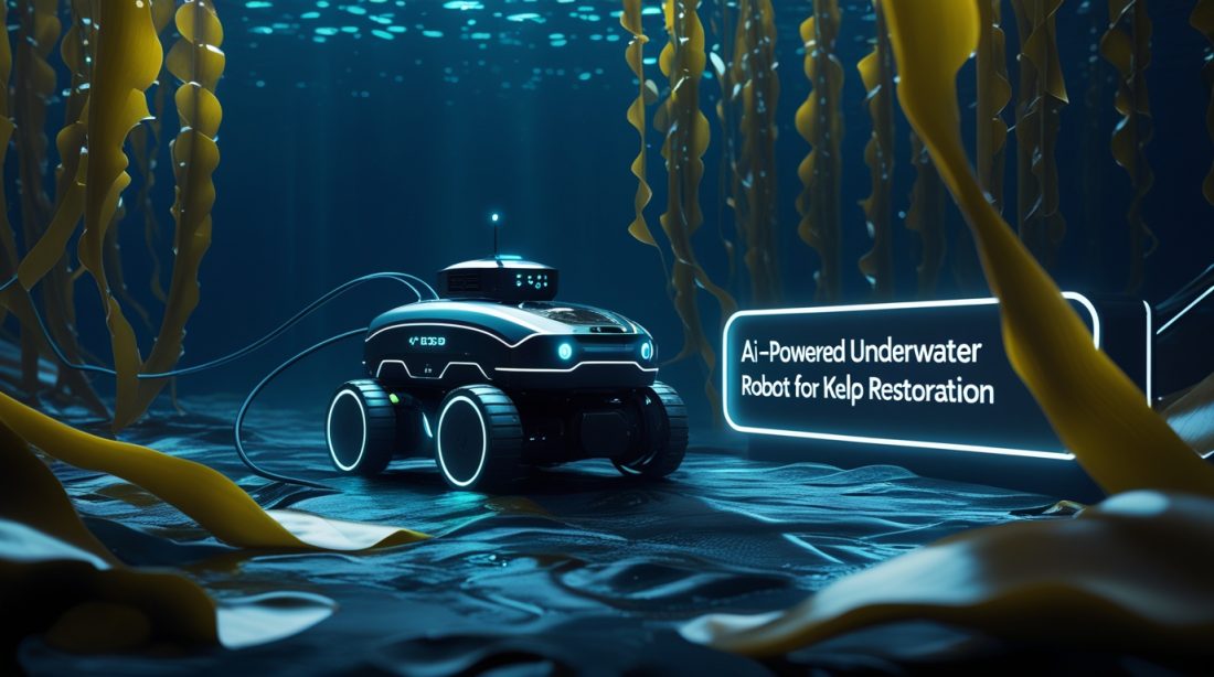AI-powered underwater robot for kelp restoration operating in a dark futuristic ocean environment, using intelligent sensors and robotic arms to support and regrow kelp forests with advanced artificial intelligence technology.