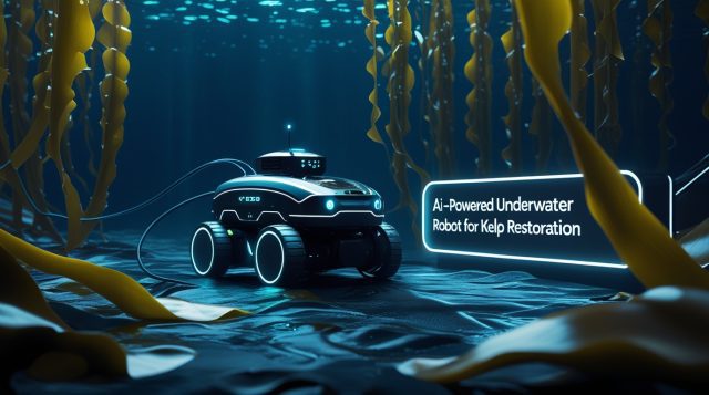 AI-powered underwater robot for kelp restoration operating in a dark futuristic ocean environment, using intelligent sensors and robotic arms to support and regrow kelp forests with advanced artificial intelligence technology.