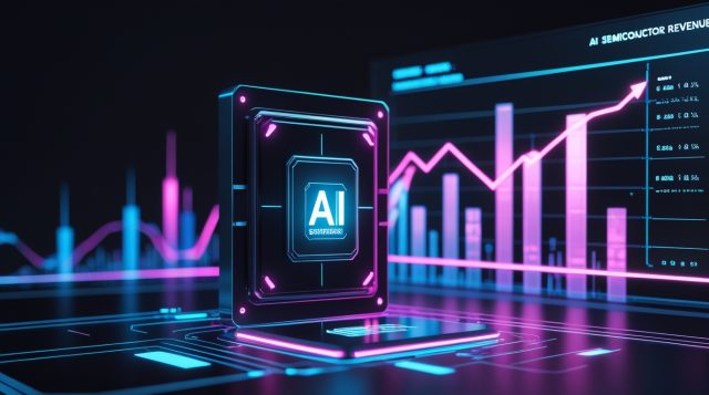 “Historic surge in AI semiconductor revenue shown by sharp upward growth chart in a dark futuristic cyberpunk design, highlighting rapid AI chip market expansion.”
