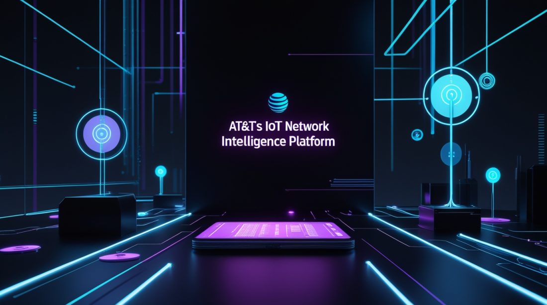 “AT&T’s IoT Network Intelligence Platform visualized as a futuristic digital network, showing intelligent IoT data flow, connected nodes, and advanced network analytics in a dark cyberpunk style.”