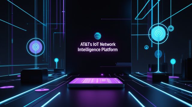 “AT&T’s IoT Network Intelligence Platform visualized as a futuristic digital network, showing intelligent IoT data flow, connected nodes, and advanced network analytics in a dark cyberpunk style.”