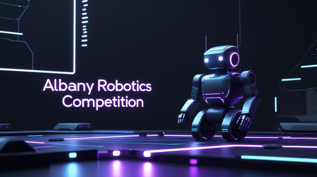 “Albany Robotics Competition poster featuring a futuristic cyberpunk robot under neon blue and purple lighting, representing innovation, advanced robotics, and industrial AI technology.”