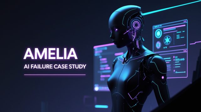 “Dark futuristic cyberpunk illustration with neon text reading ‘Amelia AI Failure Case Study’, showing a glitching enterprise AI interface and fragmented humanoid system, symbolizing artificial intelligence failure and lessons learned.”