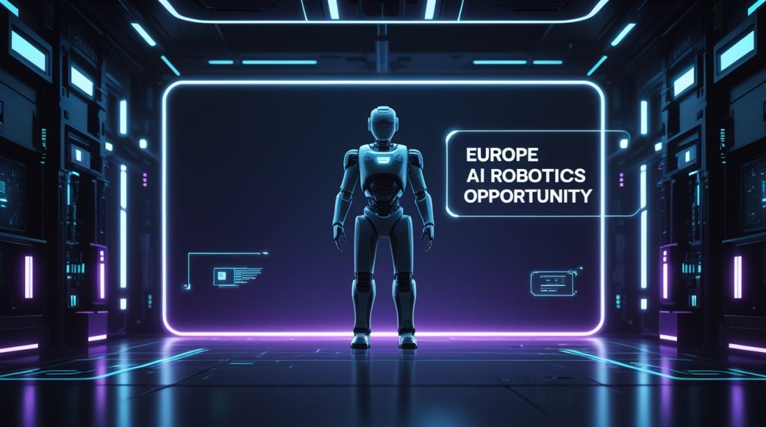 “Europe AI robotics opportunity illustrated with a futuristic robot in a dark cyberpunk setting, highlighting advanced artificial intelligence and next-generation robotics innovation.”