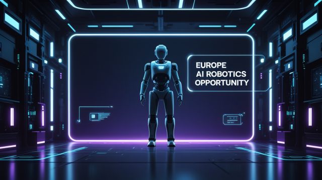 “Europe AI robotics opportunity illustrated with a futuristic robot in a dark cyberpunk setting, highlighting advanced artificial intelligence and next-generation robotics innovation.”