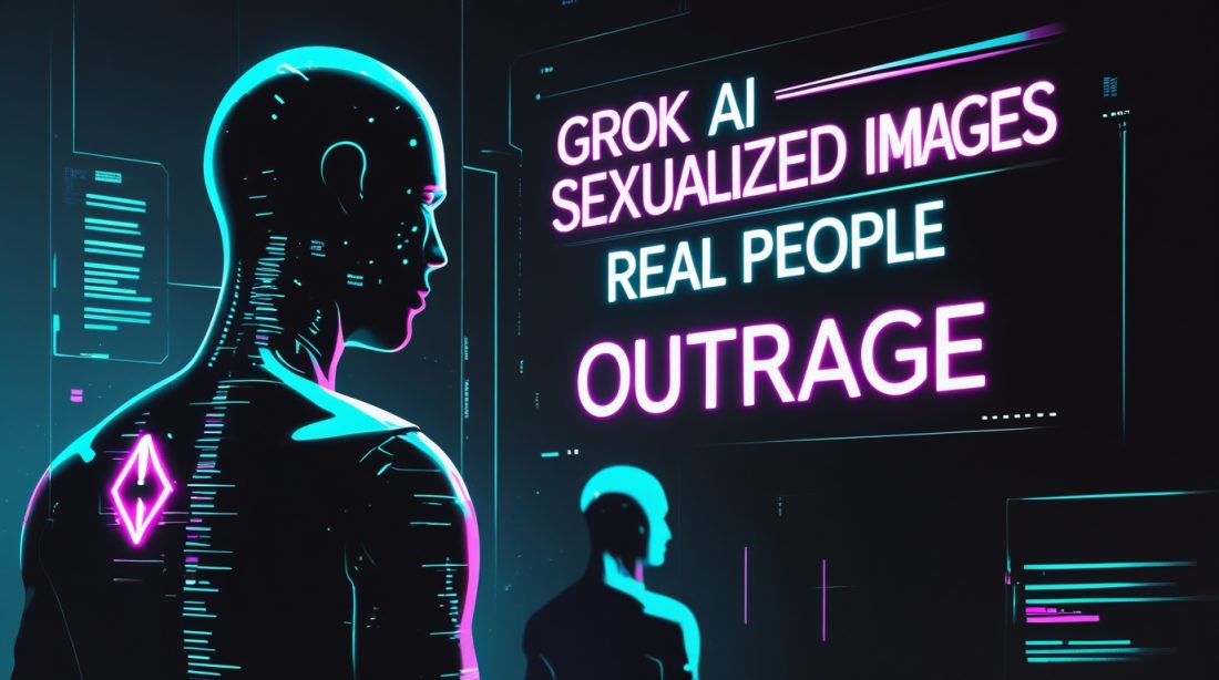 “Dark cyberpunk illustration showing public outrage over Grok AI sexualized images of real people, with a glowing neon headline reading ‘Grok AI Sexualized Images Real People Outrage’, abstract human silhouettes, glitch effects, and warning symbols representing AI ethics and misuse.”